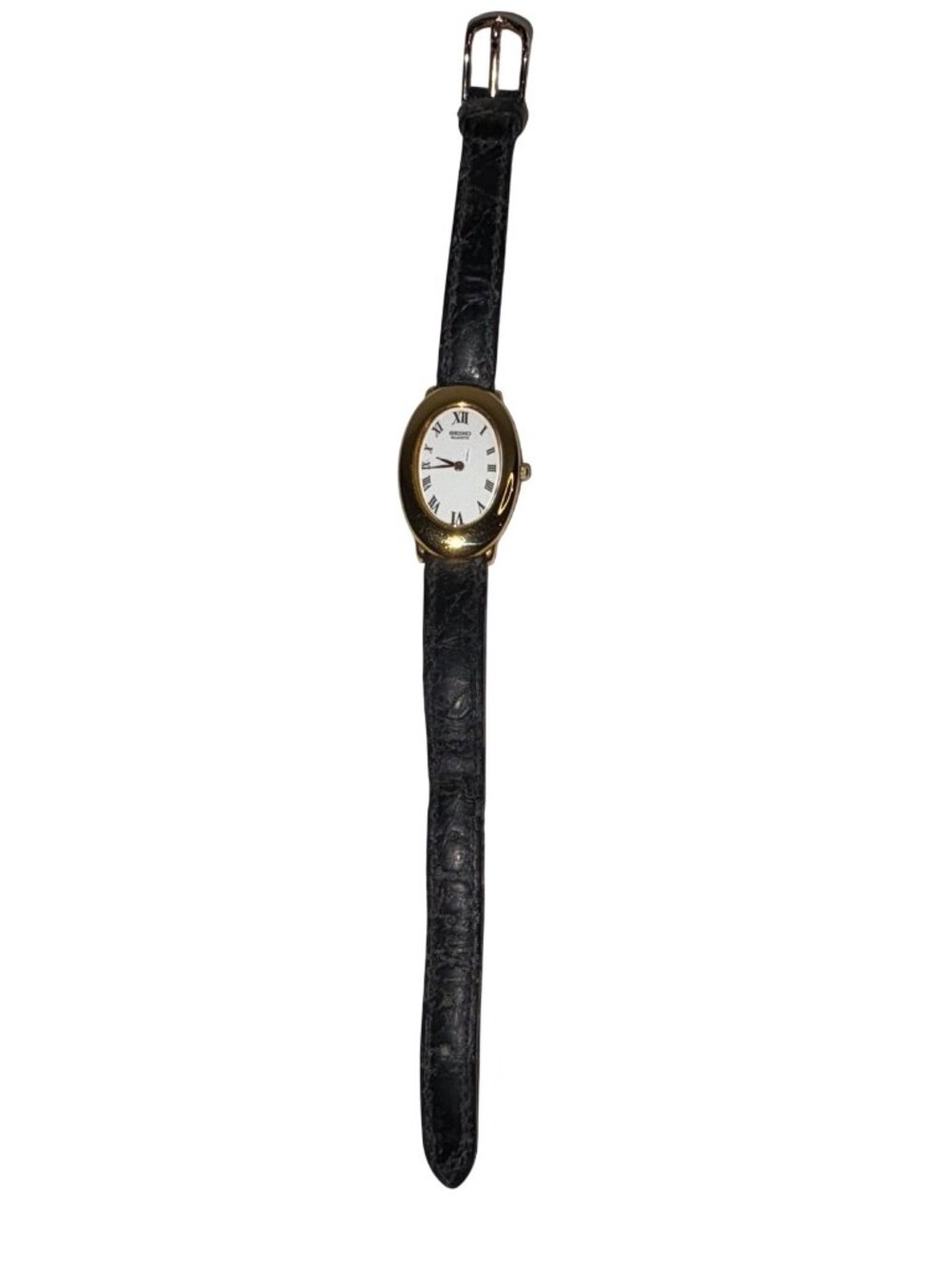 Seiko Women's Quartz Gold-Tone Watch Black Leather Strap 4N00-563H Vintage Oval